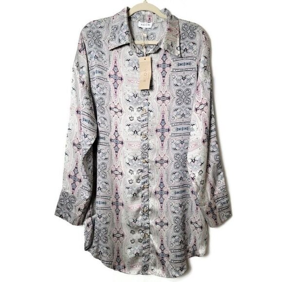 ACOA Artsy Geometric Tribal Boho Silky Satin Long Sleeve Button Up Shirt Dress L - Picture 1 of 12